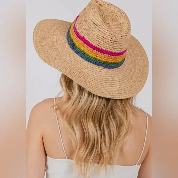 Rainbow Stripe Raffia Sun HatWide Brim Beach Style